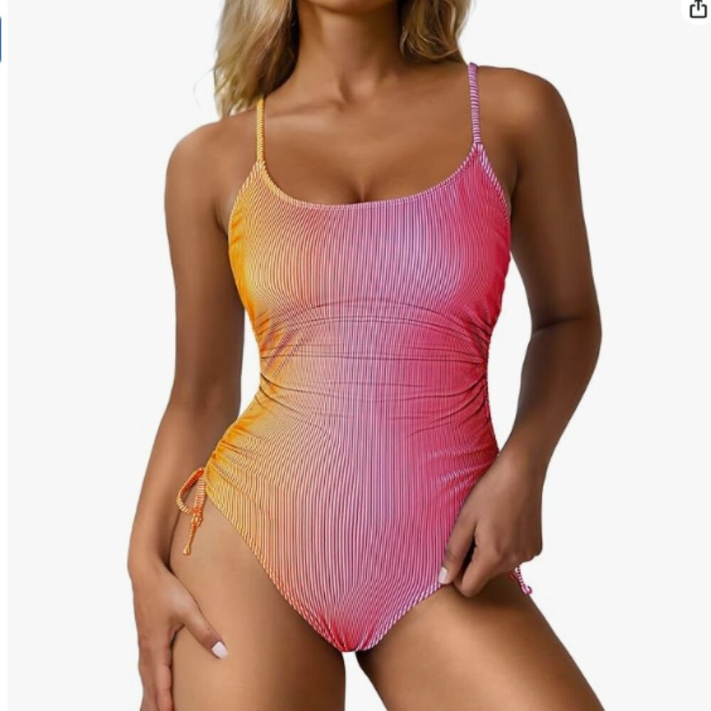 NWT Ruched Drawstring One Piece Swimsuit Tummy Control, Large - pink orange